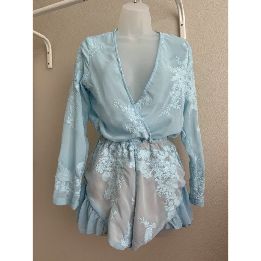 Lioness light blue embroidered floral lace v-neck long sleeve ruffle romper